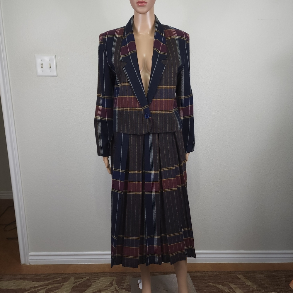 Vintage Separate Pleasures Wool Blend Plaid Womens Skirt Suit Size 5/6